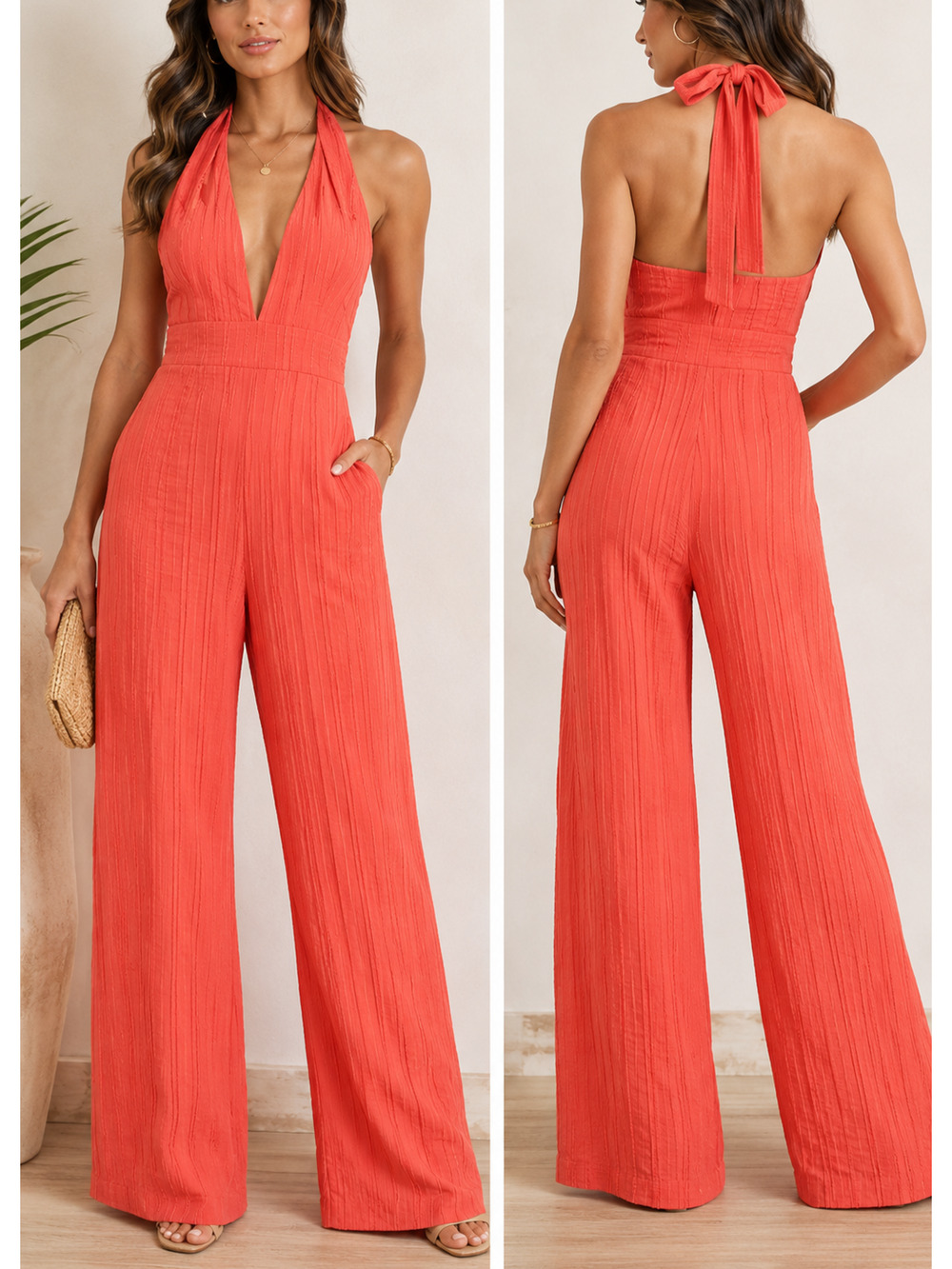 Line & Dot NWOT Coral Halter Wide Leg Jumpsuit Womens Small Open Back Palazzo